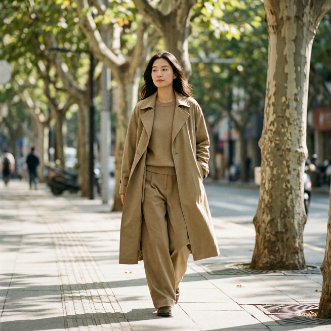 一张简约暖色调休闲服户外场景图，东亚模特行走在城市人行道，抓拍行走姿态，阳光透过梧桐叶形成斑驳光影，整体为低饱和暖卡其色调，休闲服面料柔软自然，街头氛围轻松随性，三分法构图，背景虚化，突出服装版型，符预览效果