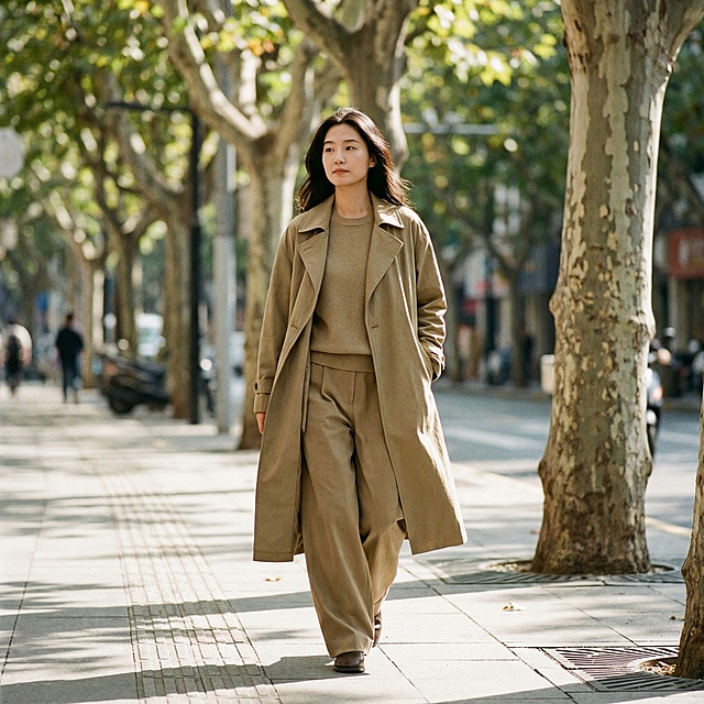 一张简约暖色调休闲服户外场景图，东亚模特行走在城市人行道，抓拍行走姿态，阳光透过梧桐叶形成斑驳光影，整体为低饱和暖卡其色调，休闲服面料柔软自然，街头氛围轻松随性，三分法构图，背景虚化，突出服装版型，符合国内电商时尚画报风格，保持服装主体结构不变