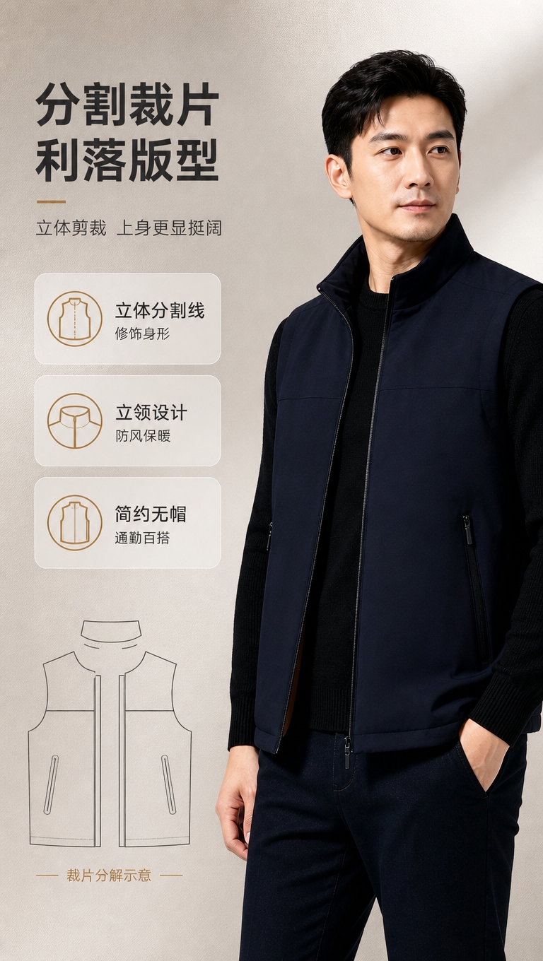 [商品] 使用【图2】藏青色马甲模特上身图作为主商品参考，【图… - 图片创意预览