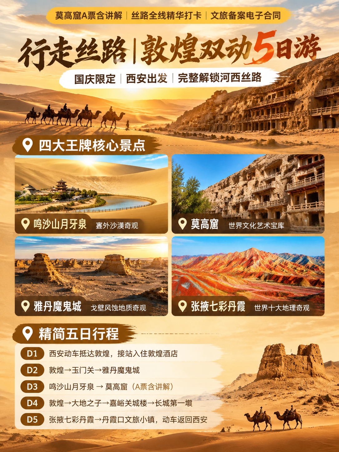 3:4竖版小红书文旅海报，行走丝路敦煌双动5日游，河西大漠戈壁… - 图片创意预览
