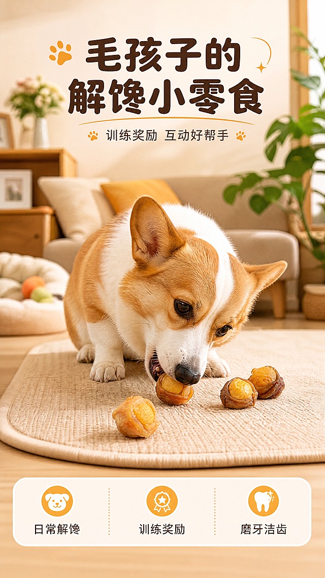 [商品] 使用【图1】中的鸡肉绕蛋黄与鸭肉绕蛋黄宠物零食；保留产品形态、颜色、结构；商品处理：保留原貌，将产品置入真实宠物食用场景，不改变产品本身。
[画面] 目标：宠物食用场景种草，强化真实使用代入感。构图：中景，一只可爱的中小型犬（如柯基/泰迪，亚洲常见宠物犬）正低头啃食肉包蛋，旁边散落2-3颗零食，地面铺浅米色餐垫，背景为温馨家居环境（虚化的沙发+绿植），≥3层环境元素。产品清晰可见，狗狗动作自然。景别：中景平视，宠物与产品同框。
[视觉] 套系策略：风格=暖调治愈系宠物零食商业摄影；标题字=圆润粗黑体；正文字=简洁无衬线体；主色=浅米杏；背景延展=基于浅米杏做深浅层级、同色渐变和细腻哑光纸张/木质质感；强调色=暖橙黄，仅用于小面积图标、引线和标签；标题色=深棕褐；正文色=中暖灰；组件=圆角浅底信息卡、细线引线、爪印小图标；光影=窗边自然暖光，温馨柔和。
[文字] 顶部主标题"毛孩子的解馋小零食"，副标题"训练奖励 互动好帮手"；底部信息卡：日常解馋、训练奖励、磨牙洁齿；全部横排，不遮挡宠物和产品主体。
[规格] 图片比例9:16竖版，4K，避免变形、错字、文字过小、宠物表情怪异、产品变形、医疗功效承诺。