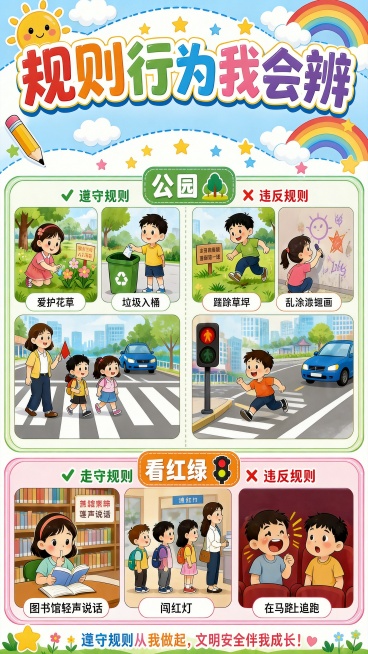 修改手抄报，去掉校园板块和公共场所总标题，只保留公园和马路两个区域，每个区域分别展示2种遵守规则行为和2种违反规则行为，保持主题"规则行为我会辨"不变，整体风格依然活泼童趣适合小学生预览效果