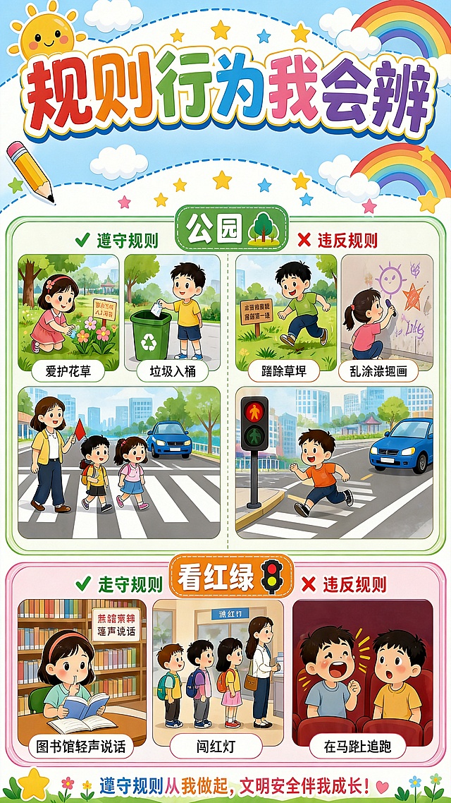 修改手抄报，去掉校园板块和公共场所总标题，只保留公园和马路两个区域，每个区域分别展示2种遵守规则行为和2种违反规则行为，保持主题"规则行为我会辨"不变，整体风格依然活泼童趣适合小学生