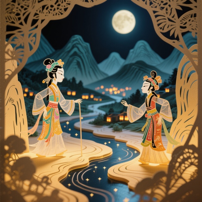 中国传统皮影戏风格，夜色下的祖国山河，远处山峦起伏，近处河流蜿蜒，万家灯火点缀其间，柔和的月光洒在大地上，营造出宁静而温暖的氛围，画面充满诗意与希望预览效果