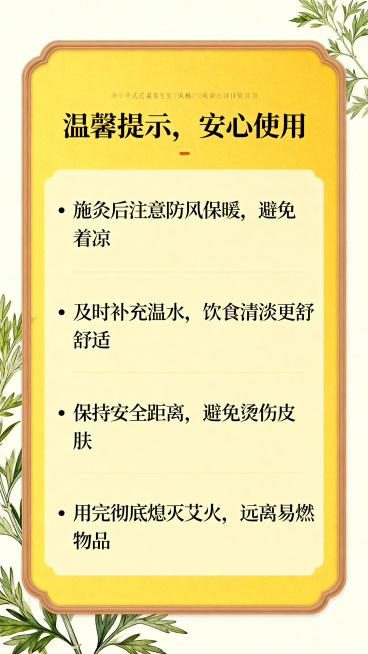 电商详情页安全小贴士页，标题文字"温馨提示，安心使用"，列出提示要点：施灸后注意防风保暖，避免着凉；及时补充温水，饮食清淡更舒适；保持安全距离，避免烫伤皮肤；用完彻底熄灭艾火，远离易燃物品。中式温馨养预览效果