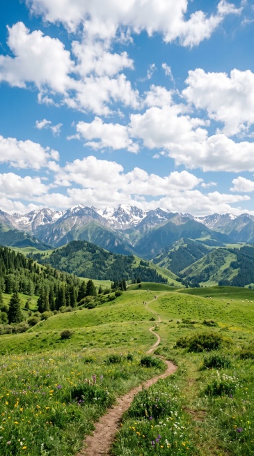 一张清新自然的户外风景图，有连绵的远山，青翠的草地，湛蓝天空飘着白云预览效果