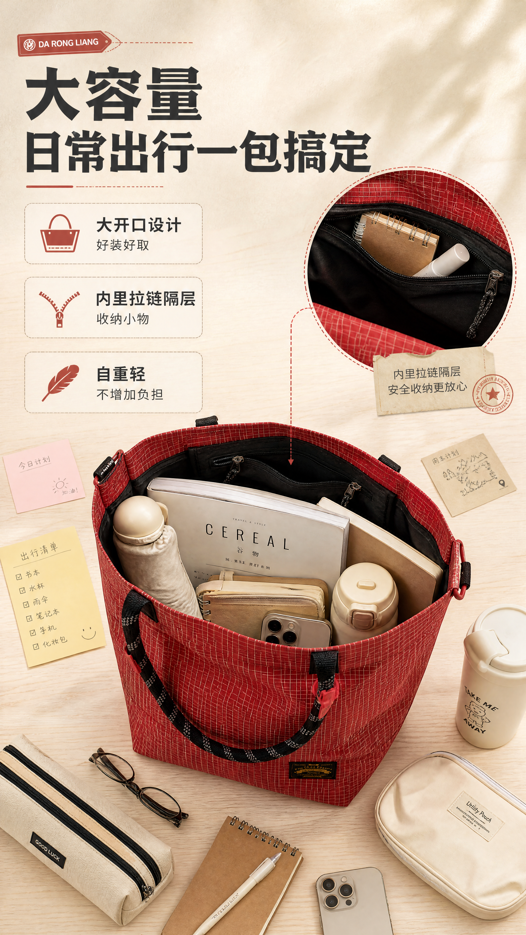 [商品] 使用【图1】红色细格纹防水尼龙托特包；商品处理：保留… - 图片创意预览