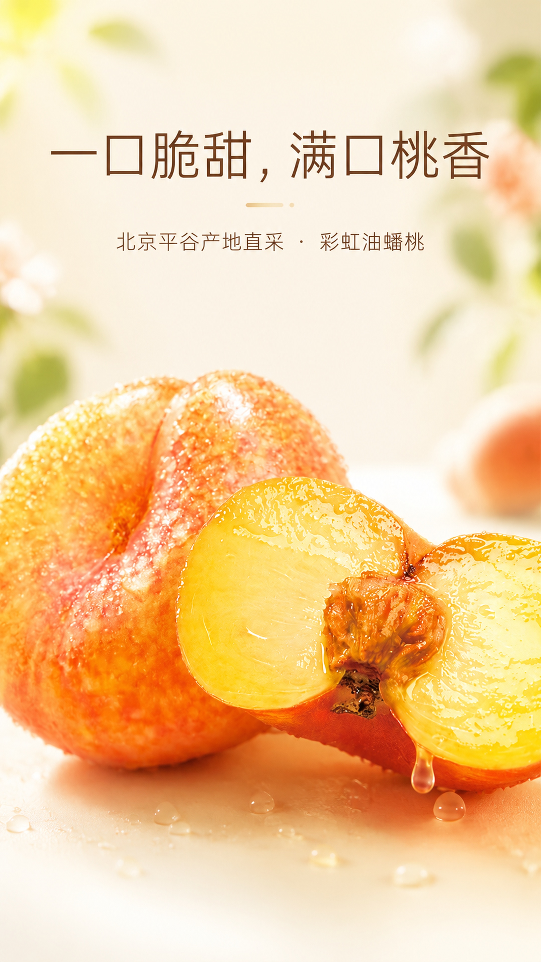 [第1屏] 详情页首屏-北京平谷彩虹油蟠桃产品宣传图，展示带水… - 图片创意预览