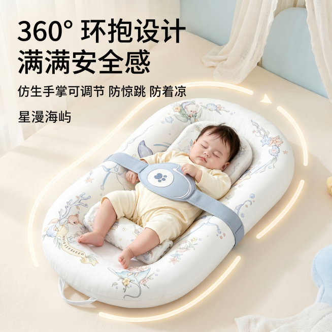 淘宝电商主图，展示仿生床中床的360°环抱设计卖点，给宝宝满满的安全感，浅色系柔和背景，突出环抱结构预览效果