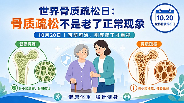 生成一张16:9横版健康科普封面海报（扁平医疗插画风格，医学示意图风格不恐怖，背景淡蓝渐变，蓝绿主色+橙色强调，无品牌、无照片）。大号主标题：“世界骨质疏松日：骨质疏松不是老了正常现象”（“骨质疏松”可用橙色强调），副标题小一号：“10月20日 | 可防可治，别等摔了才重视”。画面构图：左侧画健康骨骼示意图（骨小梁致密、结实，绿色调，标注“健康骨骼”）；右侧画骨质疏松骨骼示意图（孔洞增多、变脆，橙色调，标注“骨质疏松”）；中间画一位老年女性剪影或半身插画，旁边有家属搀扶。右上角画圆形日历徽章：“10.20 世界骨质疏松日”。底部一行小字：“健康体重 强骨健身”。整体排版醒目专业，适合社交媒体宣传。
