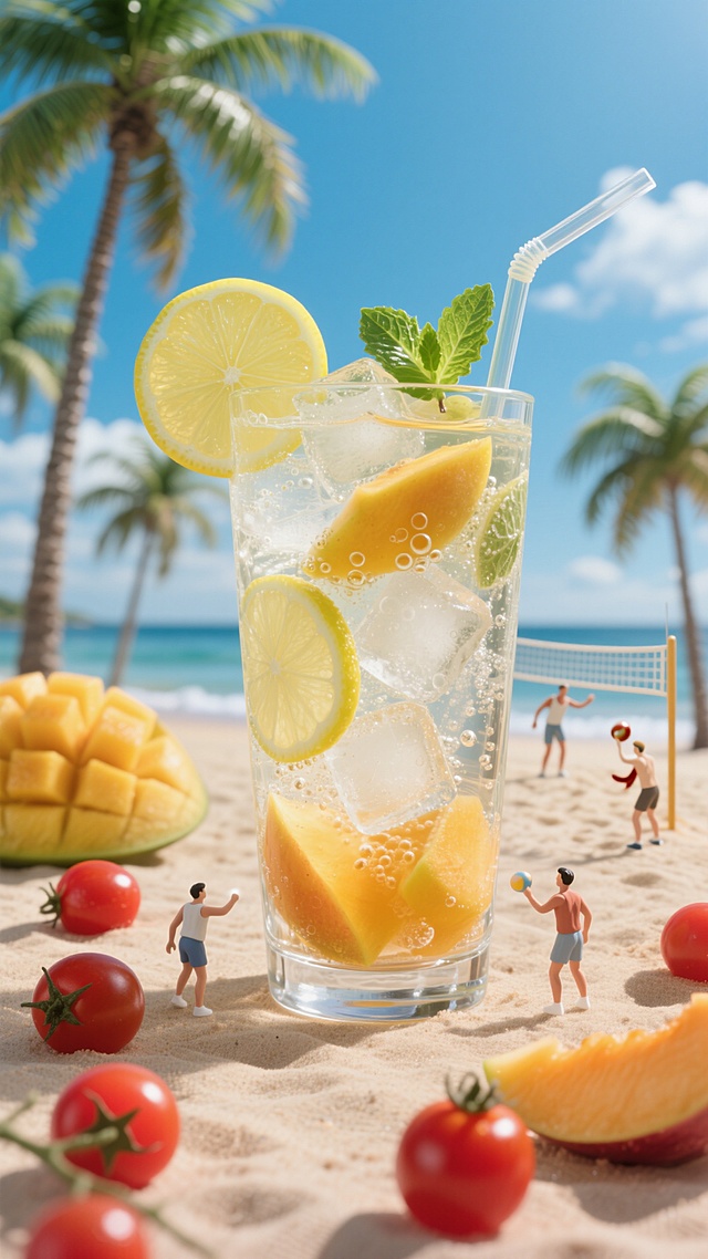 3D微缩艺术风，极繁主义设计，清新柠檬饮在沙滩上，充满夏日清爽感。