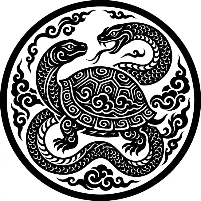 按照参考图片的黑色图腾风格，生成四圣兽中的玄武（龟蛇结合），圆形构图，纯黑白剪影，搭配传统卷曲纹样，玄武位于圆形边框内，图腾风格线条硬朗流畅预览效果