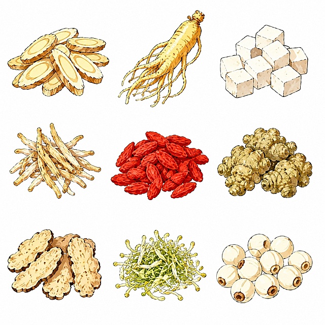 参考图片风格，重新生成画面内容「图片1」分别改为黄芪，人参，茯苓，麦冬，枸杞，三七，天麻，金银花，莲子