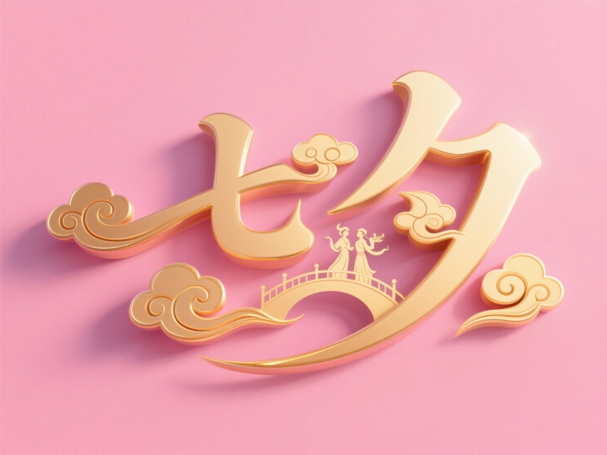 图片风格为「中国风」，横向金色文字"七夕"，字体以吉祥云纹为笔触，书写出字体笔划，每个字的笔划的起笔和收笔都是大小不同吉祥云纹笔触，笔划躯干则是由云纹元素变换形成。创意字体设计牛郎织女、鹊桥，线条流畅预览效果