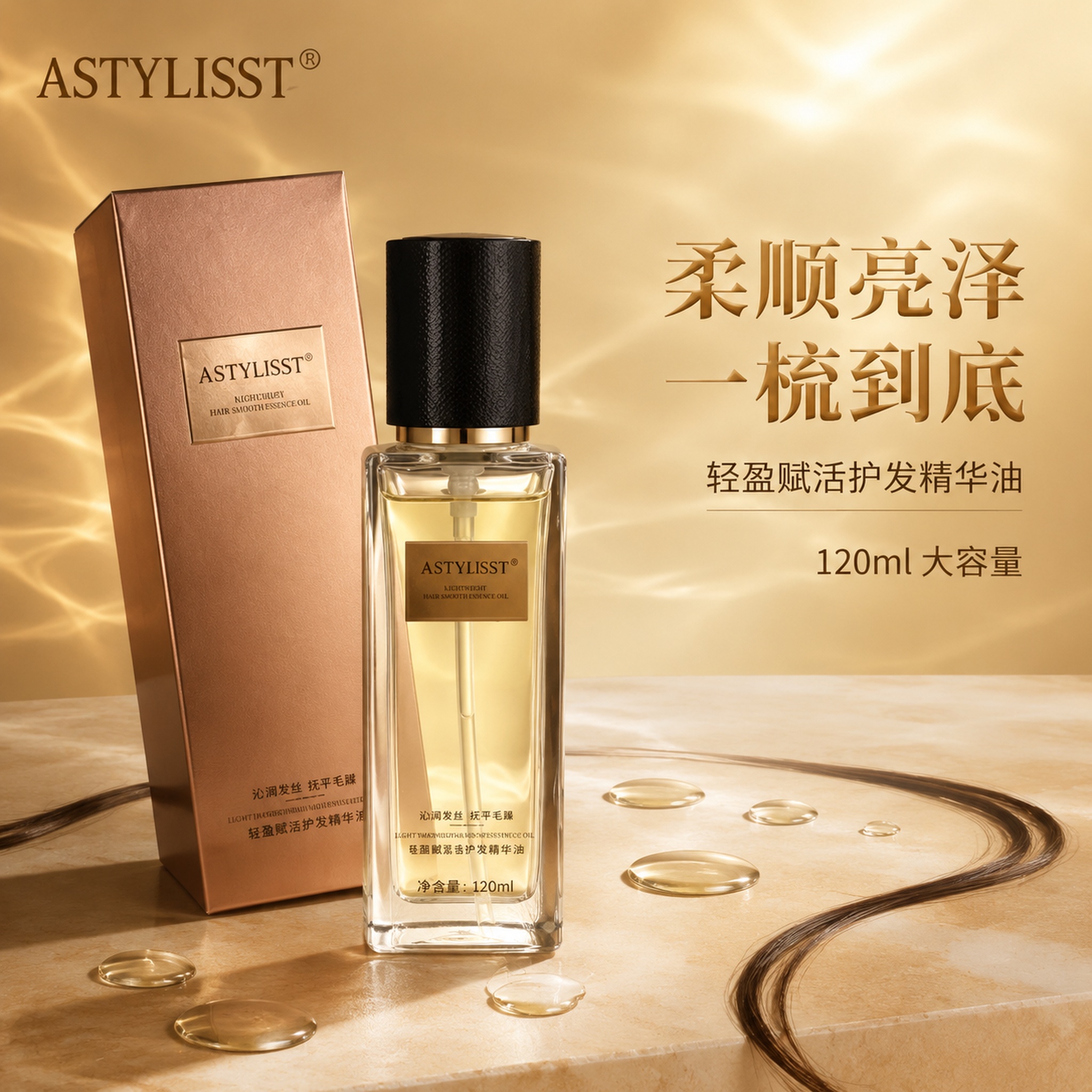 [主图-1] 护发精华油品牌调性首图 极简静物高级光影 [氛围… - 图片创意预览