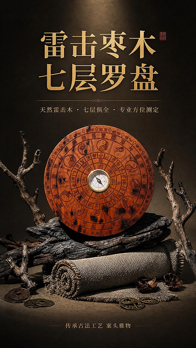 淘宝天猫电商详情页首屏海报，9:16竖版，暗调复古国风，深棕渐变背景，聚光打在产品上，画面中央展示雷击枣木七层罗盘，保留产品原貌和结构，周围搭配枯树枝、粗麻布、旧木台、古钱币等古朴道具，风格参考逆光者视觉的暗调产品摄影，质感高级。顶部大标题文字："雷击枣木七层罗盘"，副标题："天然雷击木 · 七层俱全 · 专业方位测定"，底部小字说明："传承古法工艺 案头雅物"，文字为金色宋体，排版大气