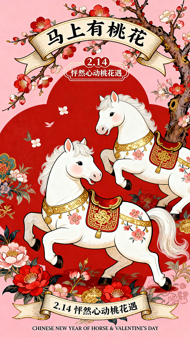 以2只胖嘟嘟的白色 唐代小马驹 玩耍的形象作为视觉中心（装饰桃花纹路的金纹和中式马鞍），强动态感构图，搭配桃花、花卉装饰元素。顶部结合桃花枝设计”马上有桃花“的弯曲变形字标题+卷轴样式线框的文案"2.14 怦然心动桃花遇，"底部设精致的小字 “CHINESE NEW YEAR OF HORSE & VALENTINE'S DAY" 。色彩以红、金为主，粉色背景。