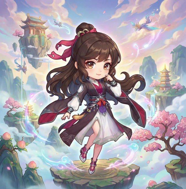 把图二的角色变成图一的大头Q版风格，仙侠背景预览效果