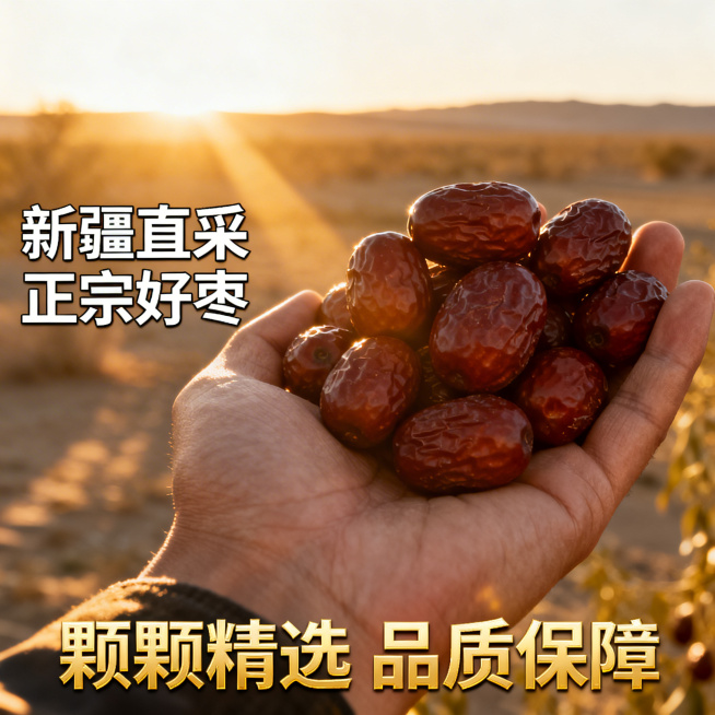 电商主图，手捧一把饱满红枣，阳光从侧面洒下形成柔和光影，背景是新疆戈壁滩远景，左侧标注"新疆直采 正宗好枣"，底部用金色字体写"颗颗精选 品质保障"，传递产地直供的品质感预览效果