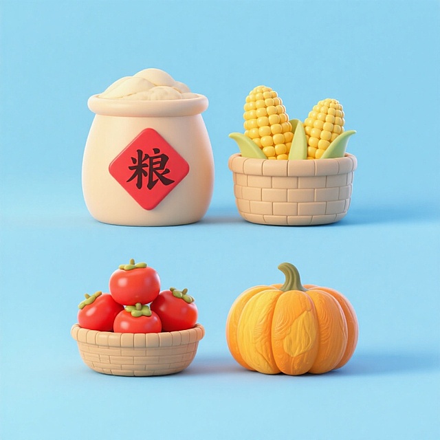 软3D风卡通插画，粘土质感农产品摆件，轻拟物设计，呈现丰收主题，温暖可爱，适配节日氛围。