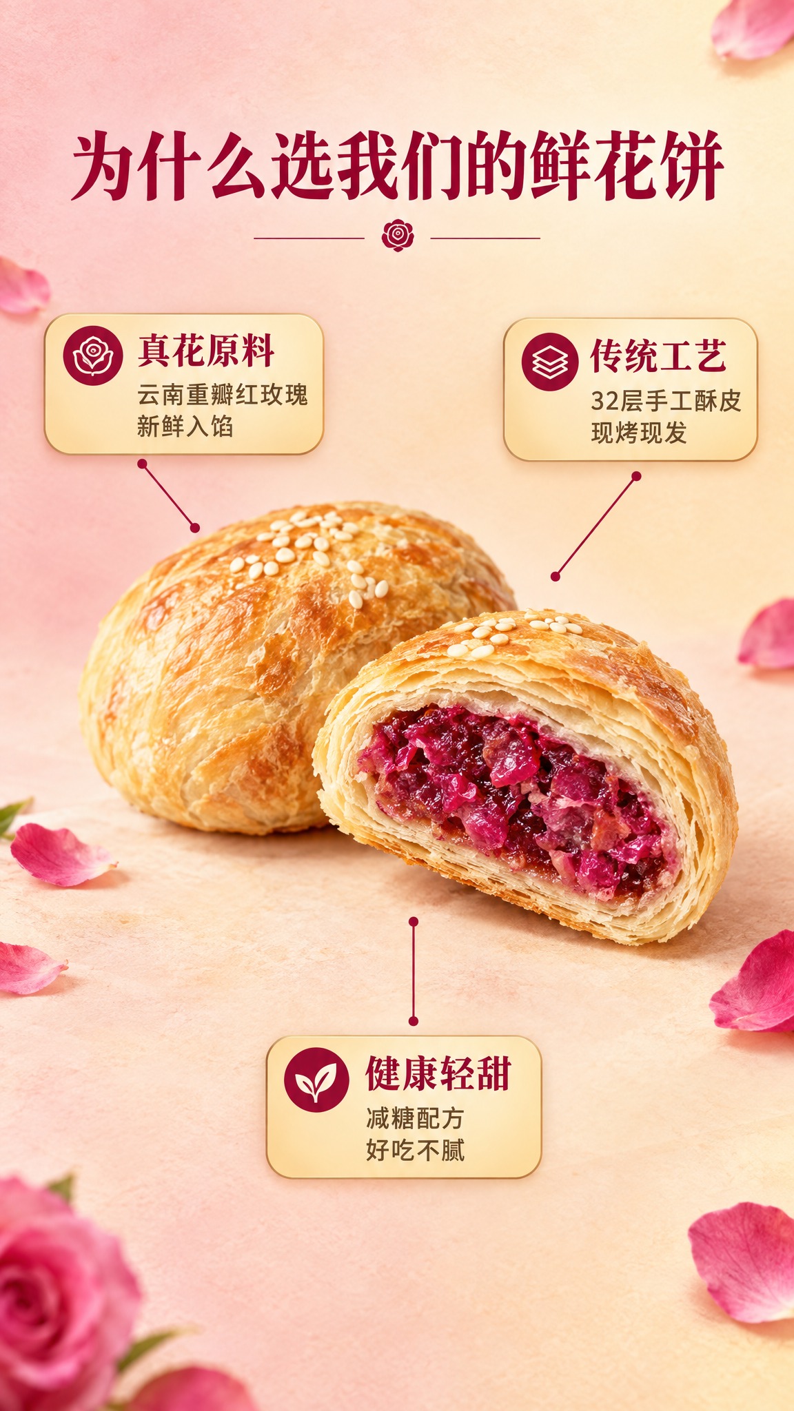 [商品] 使用【图1】云南玫瑰鲜花饼；保留金黄酥皮、玫红色玫瑰… - 图片创意预览