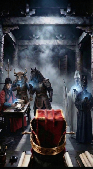 给图里五个角色都添加屏幕亮着的手机：牛头、马头、红衣判官、白无常、黑无常，每个人都手拿着亮屏手机，所有人都低头看着自己手机屏幕，保持整体场景、构图、光影不变，融合自然协调，风格统一预览效果