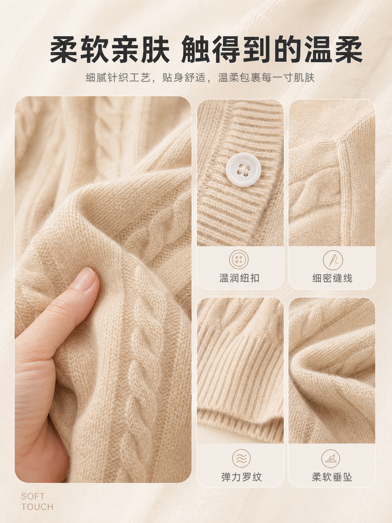 [商品] 使用【图1】浅米色圆领绞花针织开衫；商品处理：保留圆… - 图片创意预览