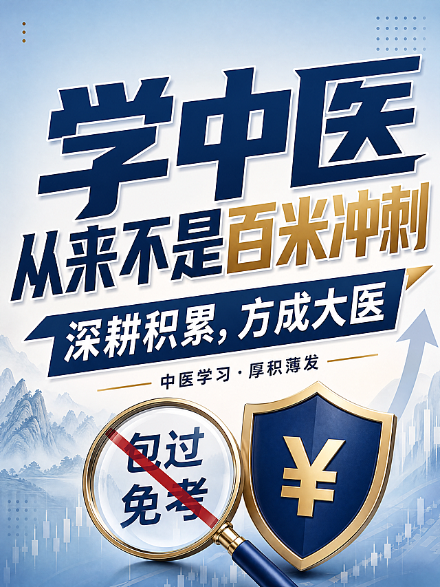 增大主标题"学中医从来不是百米冲刺"的字体大小，删除"医考防骗"标签、放大镜带"包过免考"和¥盾牌这些不相关素材，保留"深耕积累，方成大医"和"中医学习 · 厚积薄发"文字，保持3:4画面比例，商务专业风格，高级浅蓝渐变背景，保留山水淡纹装饰和箭头元素，排版高级协调，主标题更醒目有冲击力，文字清晰