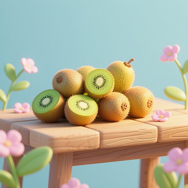 一串猕猴桃，放在桌子上，有阳光，小花装饰，风格清新