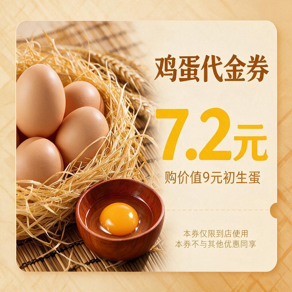 正方形1:1比例鸡蛋代金券设计，暖色调温馨风格。画面左侧展示真… - 图片创意预览