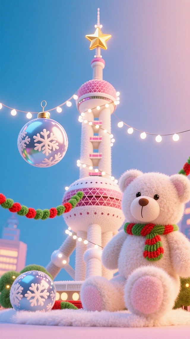 梦幻软3D风，毛发生长质感的泰迪熊与圣诞装饰环绕东方明珠，温馨喜庆，萌趣十足。