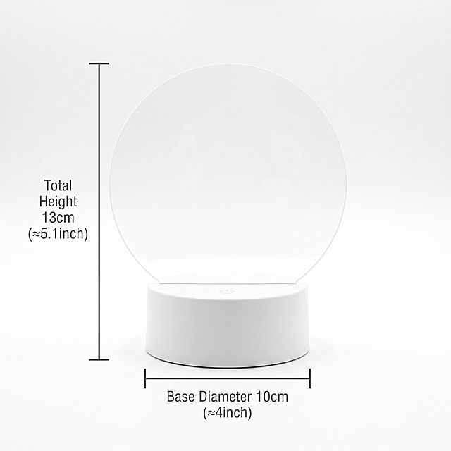 [Main image 5] Size dimension display of 3D small night light. Keep the product appearance consistent with original image. Place the product on a pure white background, clearly mark the size data next to the product: Base Diameter 10cm (≈4inch), Total Height 13cm (≈5.1inch). Text is clear and accurate, the size marking line points to the corresponding product size, easy to understand. Show the compact size, highlighting that the small round base does not take up space and is easy to place. Comply with Amazon cross-border platform specifications, commercial photography, clear picture. [Light and shadow] Even soft light, the product is clearly presented, the scale text is clearly visible. [Color matching] Pure white background, product off-white, dark gray size text, high contrast. [Proportion resolution] 1:1 ratio, 2K resolution. [Negative prompt] Deformation, watermark, text confusion, blurred product, cluttered background, wrong size.