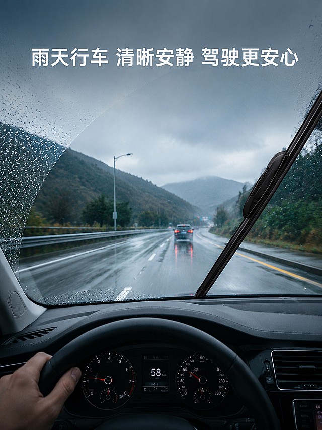 「图片1」「图片1」「图片1」使用体验・车主安心优势
静音降噪设计
钢片均匀弹力 + 端头缓冲护盖，消除雨刮摩擦吱呀声、高速抖动噪音，雨天车内安静不嘈杂。
全域均匀贴合
完整贴合挡风玻璃曲面，上下边角无遗漏水渍，不会出现中间干净、两端留水痕的情况。
四季通用耐候
耐高温、抗雨雪霜冻，南方暴晒、北方低温都不易硬化开裂，使用寿命是普通雨刷 2-3 倍。
暴雨高速稳定
导流翼分压结构，时速 120km 高速行驶也不会飘片腾空，长途雨天行车视野全程清晰。