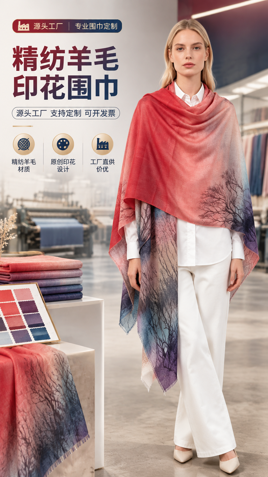 [商品] 使用【图2】精纺羊毛印花围巾，模特披肩式佩戴；商品处… - 图片创意预览