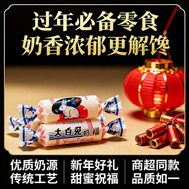 这张图片是产品主体这款产品是上海冠生园大白兔奶糖 我需要设计20张主图在拼多多上面售卖    主图场景布局可以用 等设计一个高级一些主图文案内容  甄选内蒙古黄金奶源带的优质鲜奶 奶香浓度比普通奶粉高出37%  童年记忆 经典零食 过年必备 商超同款 多种口味 奶香浓郁  奶香浓郁解馋 柔软耐嚼 优质奶源 传统工艺 过年首选