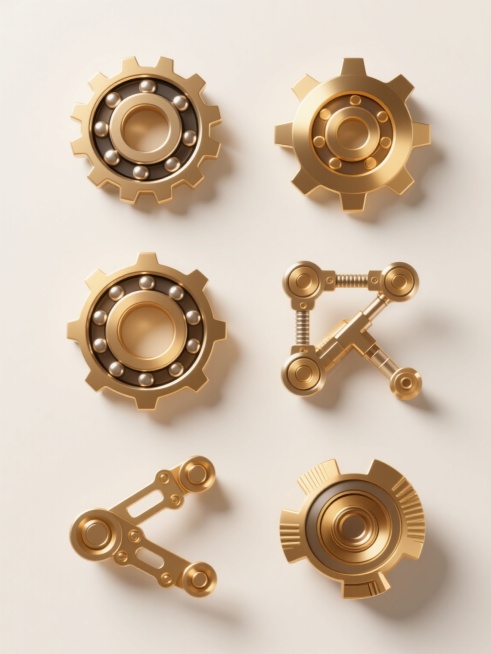 六个不同配色、不同样式的金属机械元素，以上下两行对齐排列，浅色背景，整体采用简约科技感设计风格，主色调为金色，搭配金属质感的光泽和阴影效果，元素造型包括齿轮、轴承、机械臂等机械部件，每个元素具有独特的几何形状和细节纹理，整体构图对称平衡，视觉层级清晰，突出金属机械的精密与工业美感。预览效果