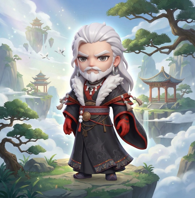把图二的角色变成图一的大头3DQ版风格，添加仙侠背景预览效果