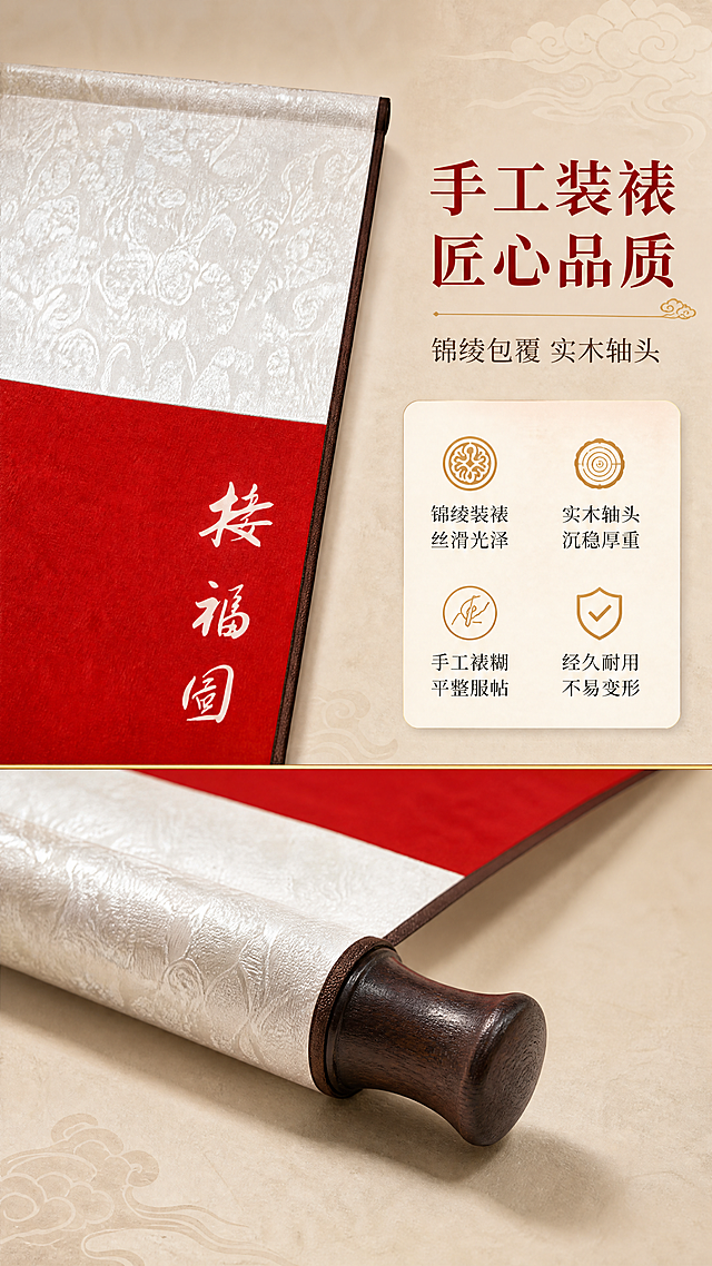 [商品] 使用【图1】弥勒佛接福图手工装裱卷轴挂画；保留米白锦绫装裱、深棕色实木轴头、卷轴整体结构；商品处理：重点展示装裱部分，保留锦绫花纹与实木轴头纹理，增强锦绫丝质光泽与实木木纹质感，自然去除悬挂钩，不改变装裱样式与颜色。
[画面] 目标：装裱工艺，体现手工装裱品质感。构图：上下分屏，上半部分展示卷轴顶部锦绫装裱与挂绳细节，锦绫花纹清晰，丝质光泽柔和；下半部分展示底部实木轴头特写，木纹细腻，轴头圆润饱满。中间用细金线分隔。背景为浅米色宣纸质感，左侧或右侧配文字说明。
[视觉] 套系策略：风格=新中式国风禅意商业摄影；标题字=宋体加粗（带书法笔触感）；正文字=简洁宋体；主色=朱砂红+米白锦绫色；背景延展=基于米白暖灰做深浅层级、同色渐变和宣纸/织物质感；强调色=烫金浅金色，仅用于小面积图标、引线、装饰线条；标题色=深朱砂红；正文色=深暖灰；组件=圆角米白底信息卡、细金线引线、祥云纹样点缀；光影=侧暖柔光，突出锦绫丝质光泽与实木木纹立体感。
[文字] 右侧主标题"手工装裱 匠心品质"，副标题"锦绫包覆 实木轴头"，下方4个卖点横排：「锦绫装裱 丝滑光泽」「实木轴头 沉稳厚重」「手工裱糊 平整服帖」「经久耐用 不易变形」，配小图标，文字均为横排，不遮挡装裱细节主体。
[规格] 图片比例9:16竖版，4K，避免变形、错字、文字过小、冷蓝/蓝灰背景、装裱材质改变、极限词。