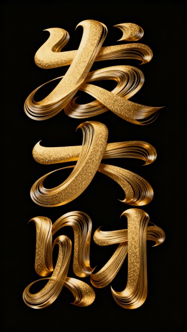 极简纯黑背景，艺术化字体“发大财”，数字采用金色磨砂材质流体设计，造型如拉丝肌理缠绕成流动漩涡，敏感过度丝滑，兼具金属感与装饰艺术精致感，线条含磨砂哑光的光泽层次，呈现现代抽象字体的动感。预览效果