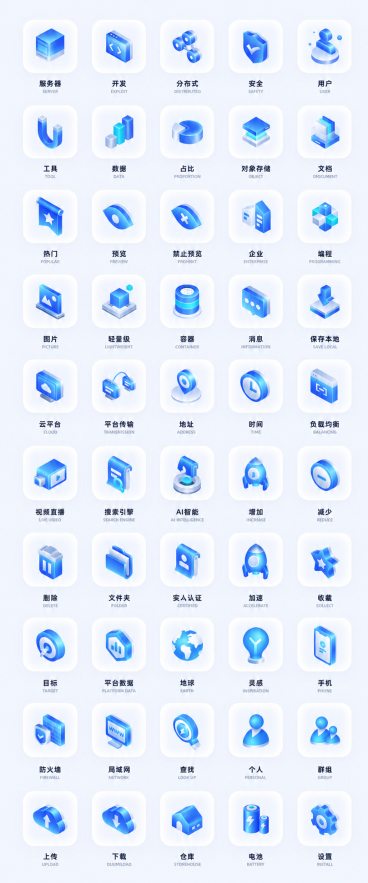 将图标集合转换为矢量图片格式，保留所有图标、文字和排版布局，蓝色渐变磨砂质感3D风格不变预览效果