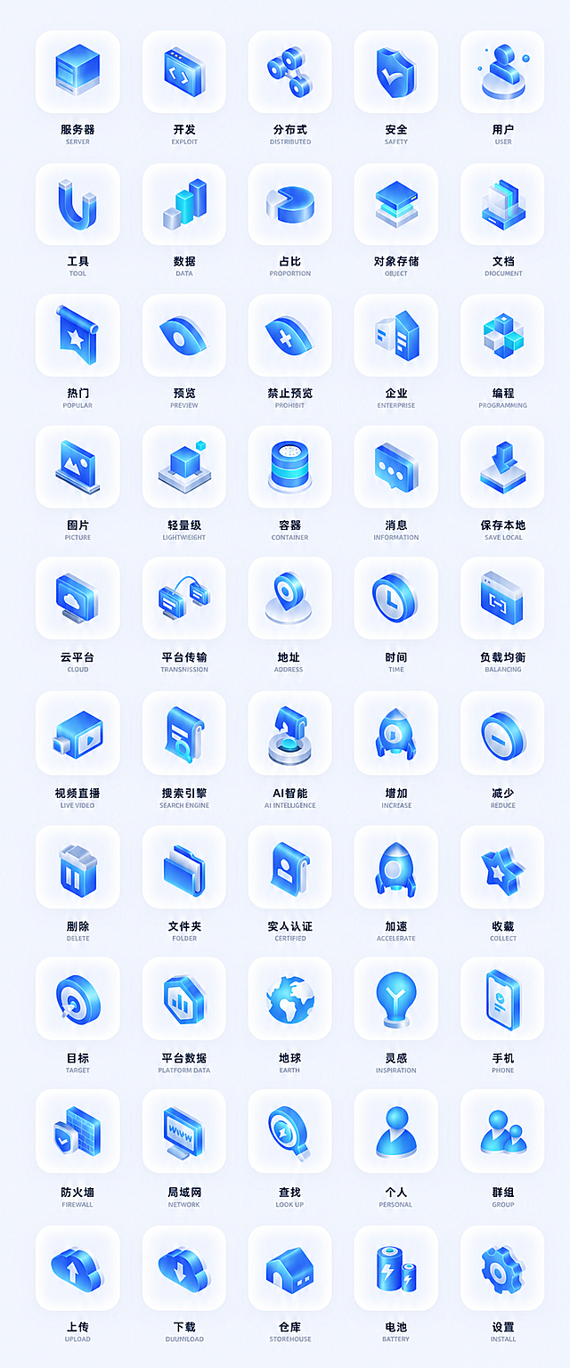 将图标集合转换为矢量图片格式，保留所有图标、文字和排版布局，蓝色渐变磨砂质感3D风格不变
