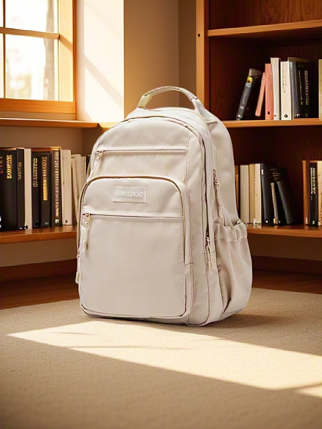 简约现代背包，置于温馨书房，阳光洒落，营造舒适感。