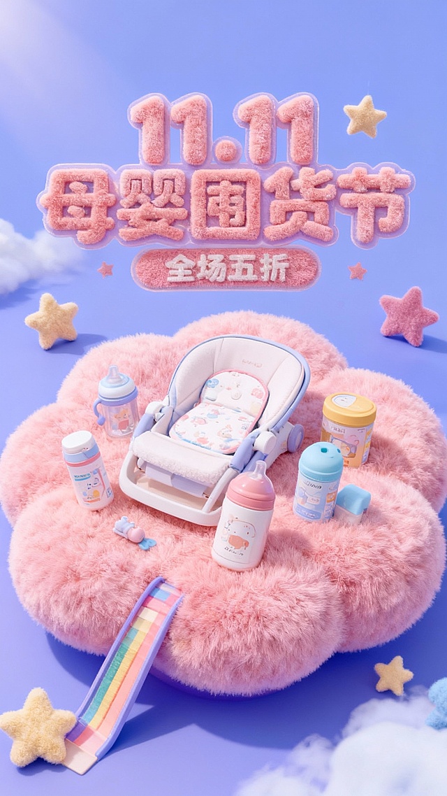 梦幻毛绒云朵托盘，软3D风格萌趣母婴用品环绕，拟人化奶瓶与小推车，粉蓝渐变星空背景，营造甜蜜温馨的双十一围货节氛围。
