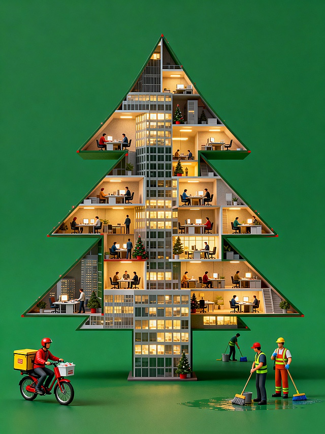 圣诞树形状的写字楼，写字楼灯火通明，人们正在忙着各自的工作。有外卖员正在送餐，有清洁工正在打扫卫生，绿色背景。