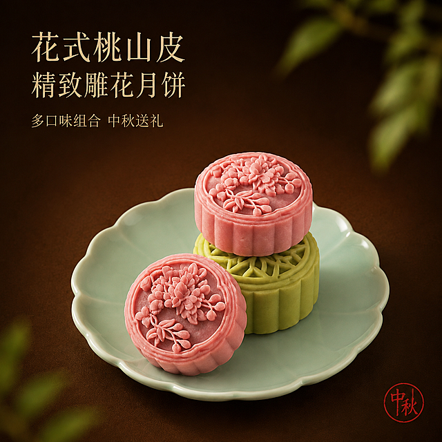 基于原图进行修改：1. 将淡青色花边形碟子的边缘完整露出，碟子完整呈现在画面中，四周不被裁切；2. 月饼与碟子整体向画面中心移动，集中在画面中心位置，上下左右留白更均匀；3. 背景简化干净，去除左侧古籍书页、右上角茶具与木架等杂乱元素，背景改为纯净的深棕色渐变虚化背景，只保留极少量虚化绿叶点缀在画面角落，不抢主体；4. 保留右下角红色圆形「中秋」印章，保留左上角文字排版，保留三块月饼的堆叠方式、颜色与雕花细节，保持月饼与碟子的材质质感不变；5. 整体构图更居中平衡，画面干净简洁，突出主体。