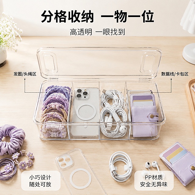 [主图-2] 核心亮点容量与分类-长条收纳盒分格满载展示发圈数据线。本张使用【图1】作为商品主体，严格保持产品原本形态不变。
[氛围风格] 清新明亮家居风，秩序感强，商业摄影质感；
[画质] 商业摄影质感、光线柔和通透、产品清晰真实、画面干净高级。
[元素] 长条收纳盒横置于画面中央，高透明上盖打开状态，内部多格分区满载展示：一格整齐排列发圈头绳，一格放手机壳，一格放数据线耳机，一格放卡包卡片，展示多功能分格收纳能力；产品占画面约70%；背景为浅米色干净台面，周围散落少量已分类的小物件作为装饰；**保持长条收纳盒外观（即物理结构、材质质感、高透明盖、颜色、分格结构、长条形态）与输入产品图完全一致，不改变原本形态，杜绝任何变形和色差，精细化处理**，产品底部与台面有真实接触阴影。
[光影] 左右两侧柔光打亮，顶光补充透明盖通透感；主光偏左上，盒内分格有自然明暗层次，边缘投影柔和自然；整体明亮干净，突出高透明材质的清透感。
[配色] 主色暖白+浅米色；辅色浅灰+高透明清透；点缀色薰衣草紫（发圈装饰）。
[视角构图] 正面微俯视角度，产品居中横置，阅读动线从顶部标题→中心产品→底部卖点。
[文字版式] 顶部居中主标题「分格收纳 一物一位」，黑色粗体无衬线最大号；副标题「高透明 一眼找到」，深灰色约半高。产品左右两侧用引线标注核心分区：左侧引线「发圈/头绳区」，右侧引线「数据线/卡包区」。底部左右两个圆角标签：左「小巧设计 随处可放」，右「PP材质 安全无异味」。文字均不遮挡产品主体。
[输出要求] 1:1 比例，文字清晰锐利，画面超高清商业摄影质感。
[负向提示词] 变形，文字错乱，产品图模糊，背景杂乱，水印，电商平台Logo，产品悬浮，穿模，结构错误，改变产品形态。