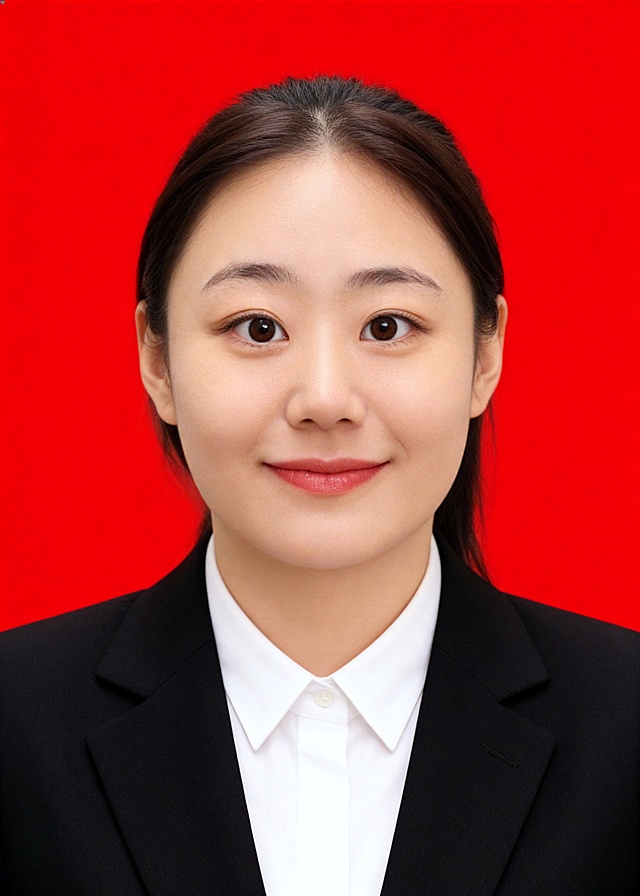 保留第一张图中人物发型､脸型､年龄特征生成标准样式纯正面证件照;人物主体严格居中,头部大小与位置严格对齐第二张图,双肩水平平衡,面部中轴线对齐画面中心,正视前方;标准证件照构图,人物绝对居中;头顶上方距离上边缘高度10%,下巴距离画面下边缘高度30%,人物主体占比约68%;肩部平展与画面水平轴平行;头部占比严格对齐第二张图;提亮肤色,消除暗沉,清透裸妆,隐形毛孔,均匀肤色,唇色自然提亮;肤色白皙细腻,轻透裸妆+微微提亮;底妆轻薄服帖;淡妆:极细内眼线,唇色微微润泽;眼神澄澈,看向镜头,气质自信,嘴角微微上扬表情自然;耳廓可见度一致;肩部平展,肩线与画面水平轴平行;头肩比例协调呈现;免冠,不戴帽子,无头饰,不戴眼镜,无胡子,面部无痣,消除面部瑕疵;身着修身精纺羊毛混纺面料的黑色西装外套,平驳领(商务感正式感);内搭白色翻领纯棉衬衫,合身剪裁;无首饰,柔和正面顺光均匀柔光,面部明亮无硬影,背景均匀提亮,画质清晰,零噪点降噪;面部清晰;背景亮度均匀统一;高清锐利画质,细节清晰可见;零噪点处理;色彩还原自然,均匀柔和布光,无明显阴影,面部光影干净,柔光正面打光,自然光影过渡,皮肤质感细腻,哑光质感;标准焦段50mm,纯正面,入境范围头部至胸部以上区域,F/4光圈(兼容F/2.8-F/4区间),平视视角(镜头与人物视线完全齐平),正视视图;人物绝对居中(居中构图),位于画面中心;严格限定标准证件照规格;视线水平(瞳孔连线与画面水平线平行);双耳对称露出,双肩水平且平衡,头部占比严格对齐垫图,禁止大头照(画面铺满画布,无边框留白);专业证件照质感,高清人像质感,细腻皮肤纹理,严格按照第一张图内容生成,分辨率4K,极简纯色红色背景,禁止裁切头顶, 禁止额头被截, 禁止超大头, 禁止主体溢出画面, 禁止偏头/倾斜, 头顶上边距8-10%, 头部高度60-68%, 双眼高度56-58%, 严格对齐第二张垫图,画面比例5:7