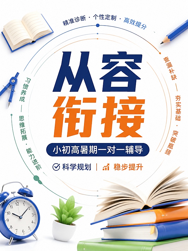 暑假衔接辅导班海报，主标题"从容衔接"，副标题"小初高暑期一对一辅导"，卖点：科学规划，稳步提升，白色干净背景，文字环绕书本装饰元素，中心圆形构图，3:4比例，核心文字清晰突出，版式精美
