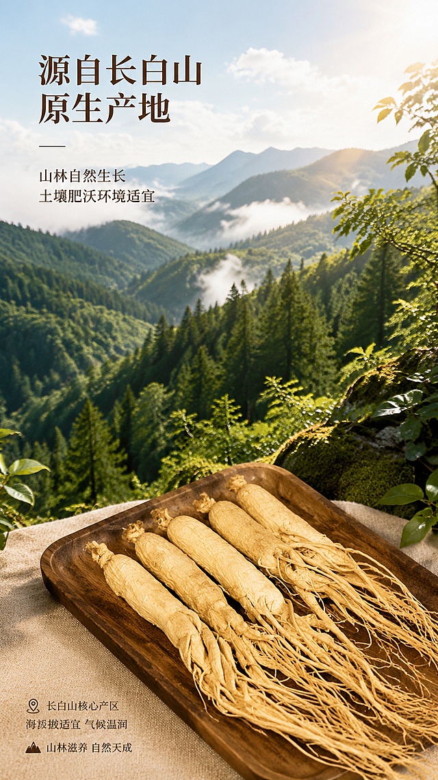 [第2屏] 详情页产地展示屏-长白山人参产地环境介绍。本屏使用【图1】人参作为主体展示。
[氛围/风格] 自然原生态风格，清新开阔，真实摄影质感，展现山林环境氛围。
[元素布局] 上半部分展示长白山山林实景图，占比约60%；下半部分放置完整人参产品图，人参占比约30%；文字区域分布在左右两侧，人参形状、纹理保持与输入产品图一致；画面层次清晰，产地实景占据视觉主体。
[光影质感] 自然日光照射，整体明亮通透，山林部分保留自然光影，人参部分光线柔和均匀，纹理清晰。
[配色色系] 全局底色 #F0EAD6；主色山林深绿；辅助色棕色人参、深棕色标题文字，延续整体自然配色。
[视角构图] 远景山林+近景人参分层构图，阅读动线从上到下，先看产地环境再看产品。
[文字版式] 主标题「源自长白山原生产地」，副标题「山林自然生长 土壤肥沃环境适宜」，温润宋体左对齐置于左侧，不遮挡核心实景和人参主体，字色仅深棕一种，延续首屏字体风格。
[比例分辨率] 9:16 竖版比例，4K分辨率，文字清晰可辨，高清画质。
[负向提示词] 人参变形，缺根须，颜色偏差，水印，文字错乱，产品图模糊，背景杂乱