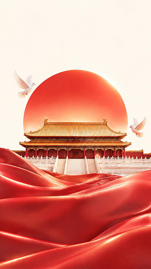 将画面中的月亮替换为红日，背景换成纯净的米白色，贴合当前场景风格，加强建筑物体的3D立体感，建筑呈现光滑干净的C4D材质质感，强透视效果，红绸带和白鸽元素保留，整体高级精致